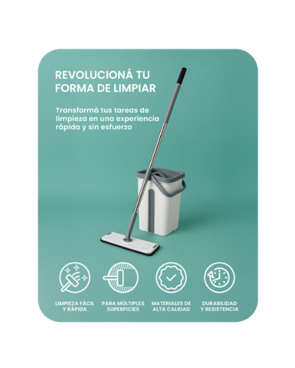 Mopa Plana 360° - Kit completo con balde doble compartimento y 2 repuestos de microfibra