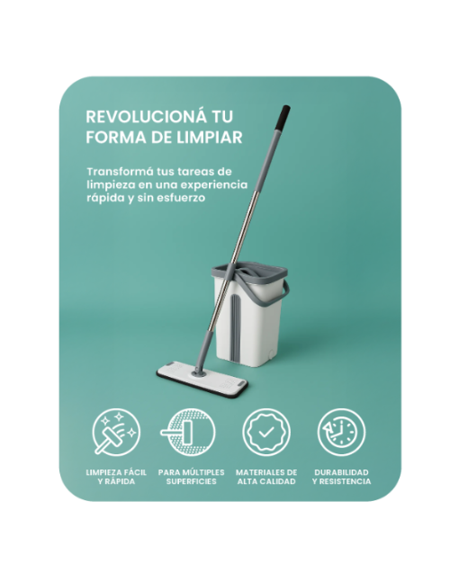 Mopa Plana 360° - Kit completo con balde doble compartimento y 2 repuestos de microfibra