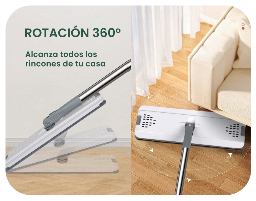 Mopa Plana 360° - repuestos lavables de microfibra incluidos y mango telescópico 119cm