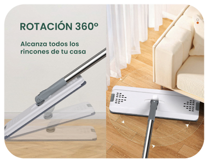 Mopa Plana 360° - repuestos lavables de microfibra incluidos y mango telescópico 119cm