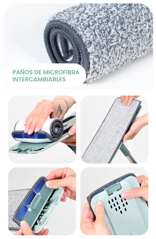 Detalle del cabezal de microfibra y mecanismo de escurrido de la Mopa Plana 360°