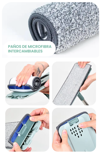Detalle del cabezal de microfibra y mecanismo de escurrido de la Mopa Plana 360°